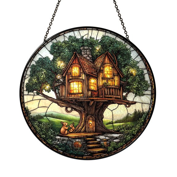 Woodland Treehouse Suncatcher – Stained Glass Style Window Hanging Decor