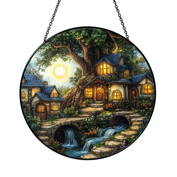 Woodland Treehouse Themed Stained Glass Style Suncatcher for Window Decor, Fantasy Forest Art, Decorative Hanging