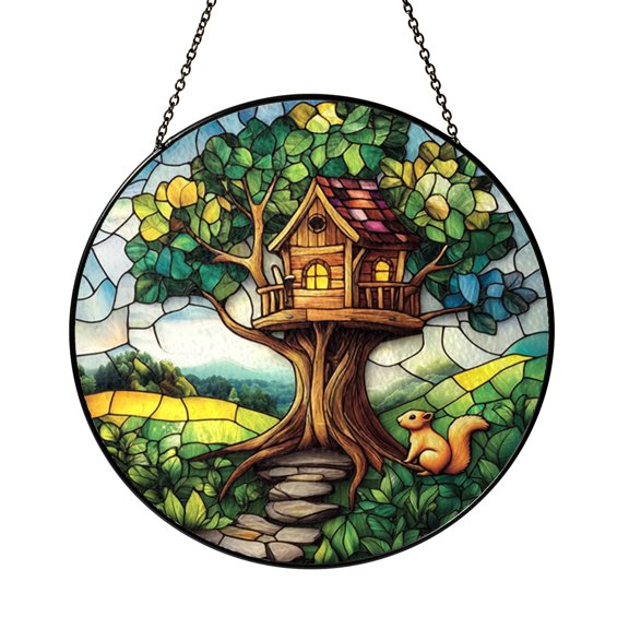 Woodland Treehouse Window Suncatcher, Stained Glass Style Squirrels Decor, Charming Nature Gift for Mom