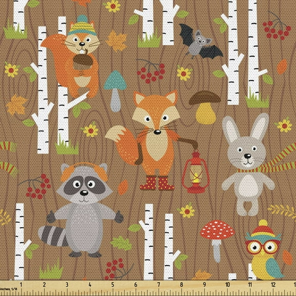 Ambesonne Woodland Fabric by the Yard Upholstery, Cartoon Animals of Forest, 10 Yards, Multicolor