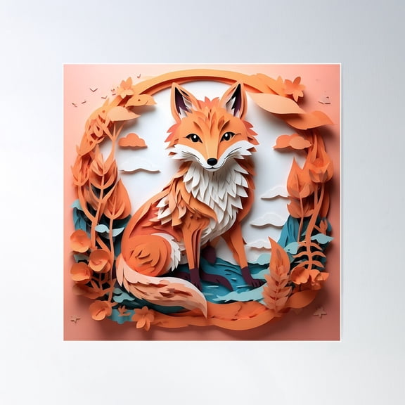 Woodland Wanderer: Layered Paper Fox Poster Wall Art, Modern Wall Decor For Living Room Bedroom, 17x17 UNFRAMED