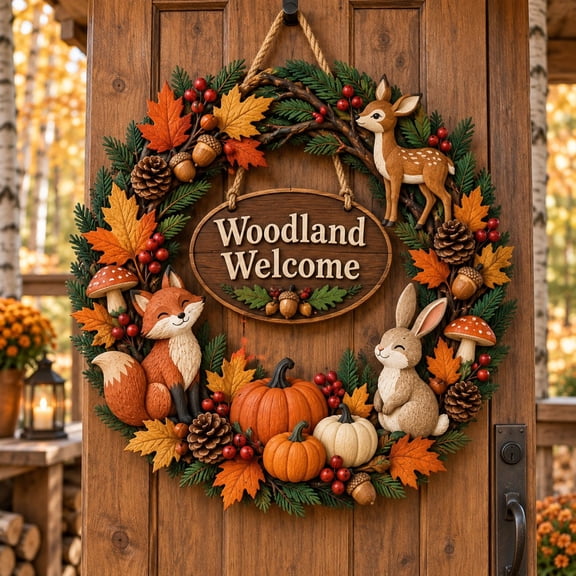 Woodland Welcome Wooden Sign, Fox Deer Bunny Fall Wreath Door Hanging Housewarming Gift