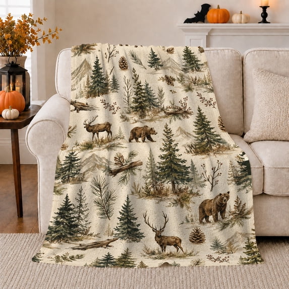 Woodland Wilderness Bears Bucks Rustic Lodge Autumn, Peaceful Mountain Lake Scene, Warm Flannel Blanket for Cabin and Lodge, Outdoor Lovers Christmas Gift, Festive Home Decor
