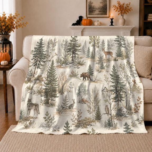 Woodland Wildlife Forest Scene Bear Wolf Deer Owl, Peaceful Bird Art Scene, Warm Flannel Blanket for Cabin and Lodge, Bird Lovers Housewarming Gift, Artistic Home Decor