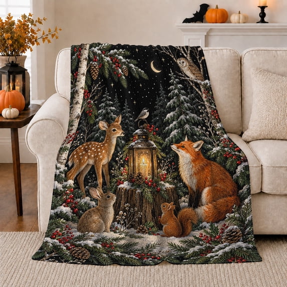Woodland Wildlife Winter Forest Scene, Rustic Farmhouse Horse Scene, Warm Flannel Blanket for Ranch House and Living Room, Horse Lovers Housewarming Gift, Rustic Home Decor