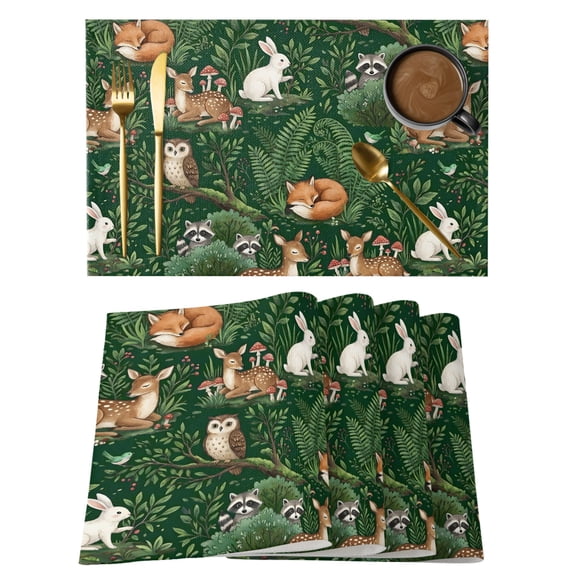 Woodland Wildness Placemats Set of 4, Rustic Fawn Owl Raccoon Rabbit Green Fern Leaf Non-Slip Place Mats Washable Table Mats for Kitchen Dining Table Decorations Indoor/Outdoor