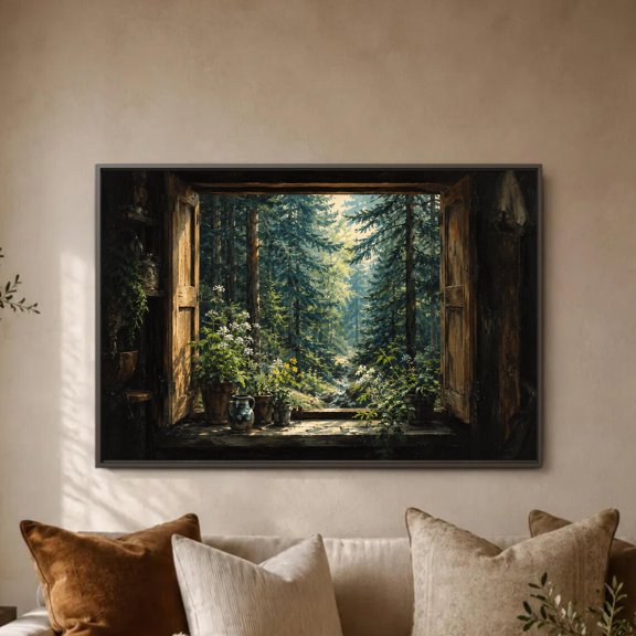 Woodland Window Rustic Forest View Cozy Cabin Wall Art Poster
