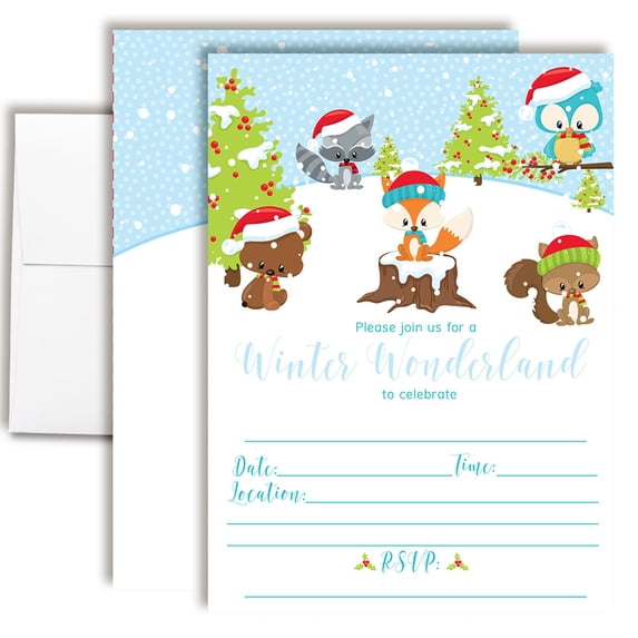 Woodland Winter Birthday Invitations for Kids, 20 Fill-In Cards with Envelopes, 5x7 Children's Birthday Party Invitations, Birthday Party Supplies, Made in USA by Amanda Creation