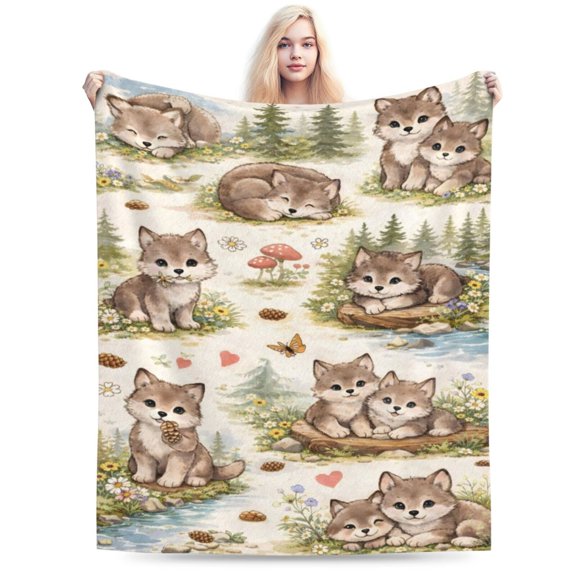 Woodland Wolf Floral Blanket, Cottagecore Forest Animal Art Design, Soft Cozy Plush Bed Sofa Couch Decor Gift for Adults Mother’s Day 60x50