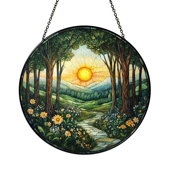 Woodland sunset suncatcher with glowing fireflies, charming nature themed window decoration