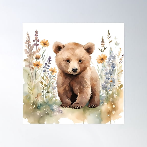 Woodlands Brown Bear With Wildflowers Poster Wall Art, Modern Wall Decor For Living Room Bedroom, 30x30 UNFRAMED