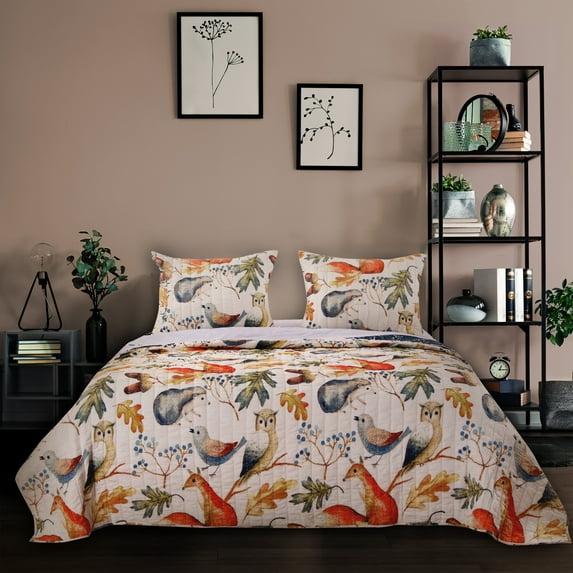 Woodlands Friendly Forest Whimsical Novelty Quilt Set, Cotton-Rich, Reversible, 3-Piece Full/Queen