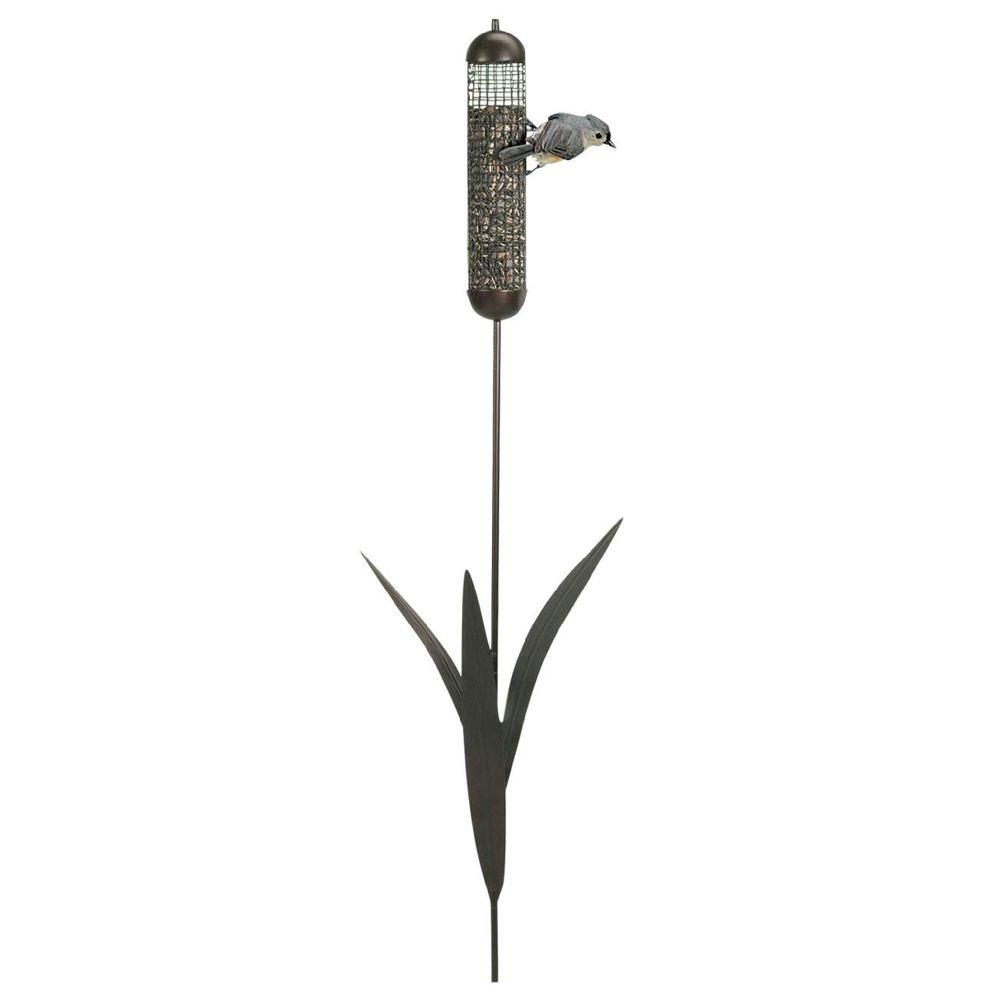 36-Inch Tall Dark Brown Metal Cattail Stake Bird Feeder