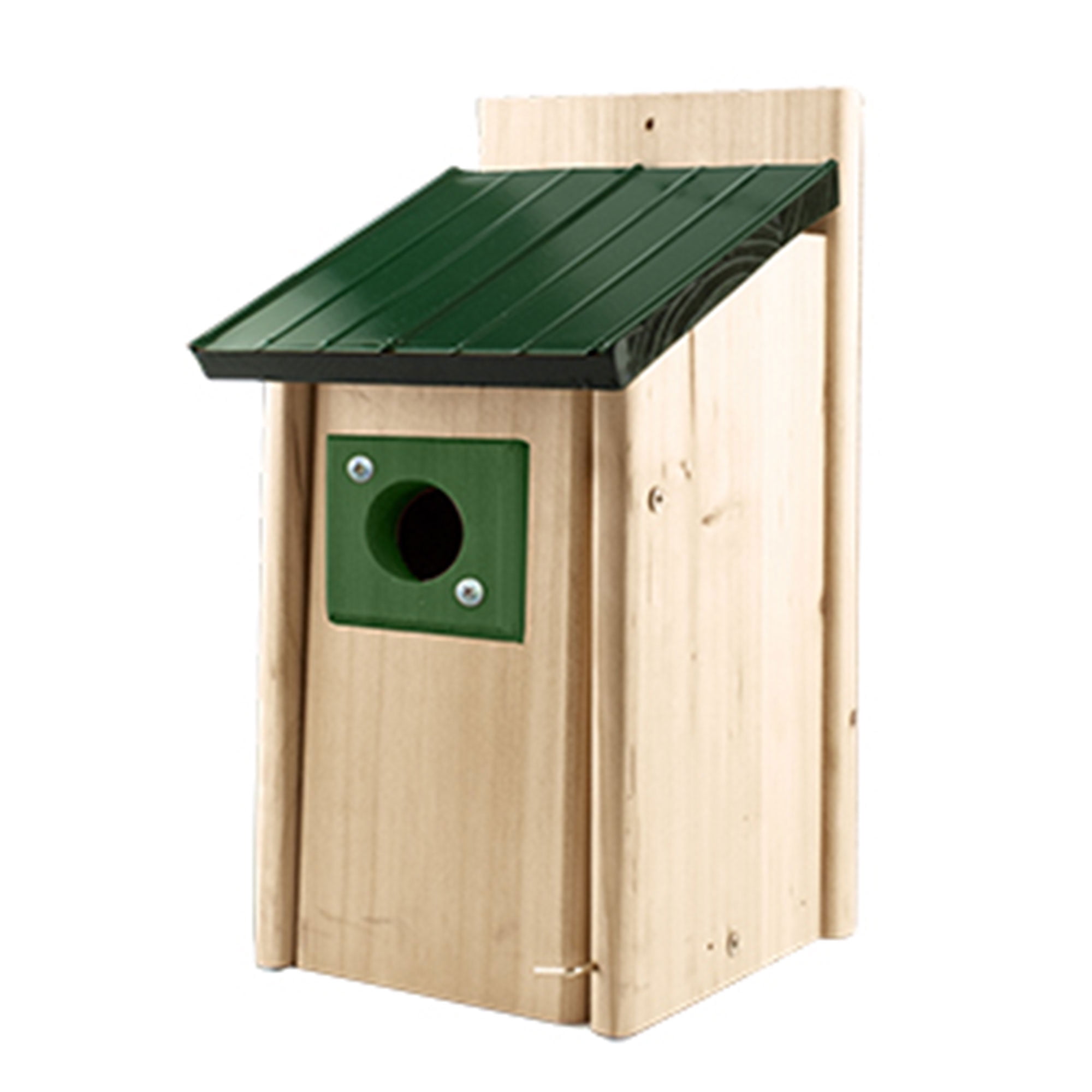 Natural Cedar Bird House with Green Metal Roof