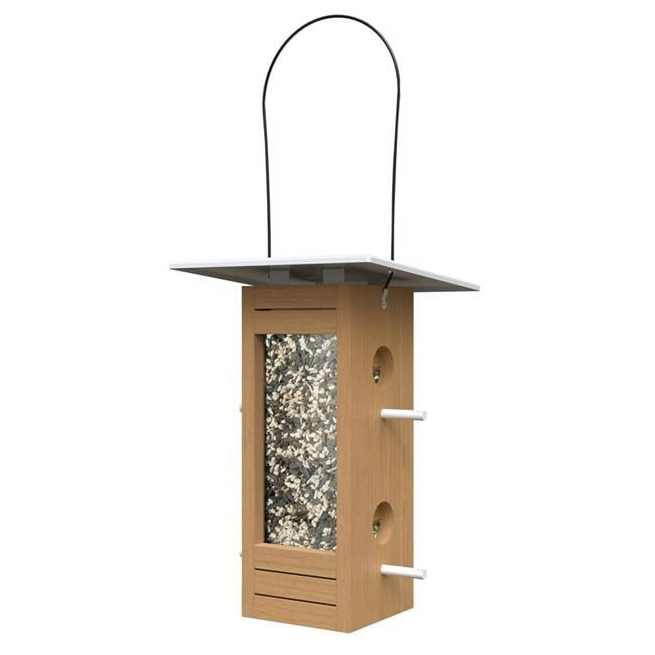 Teak and White Tall Hanging Hopper Feeder with Metal Roof