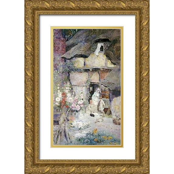 Woodlock, David 20x32 Gold Ornate Wood Framed with Double Matting Museum Art Print Titled - A Mother and Children Feeding Rabbits