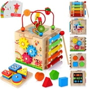 Woodmam Wooden Activity Cube, 8-in-1 Kids Baby Busy Toy, Montessori Learning Gift Set for 12+ Months Toddlers