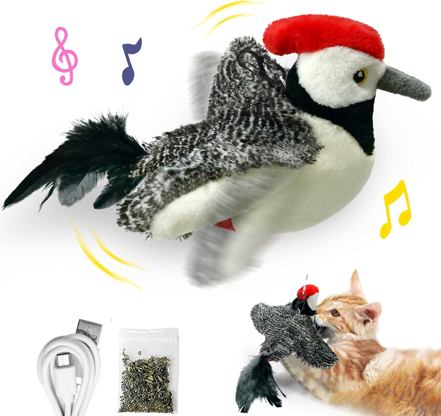 Woodpecker Cat Toys, Rechargeable Simulation Bird Cat Toy, Flapping Wings and Lively Chirping, Interactive Catnip Toys for Kitten Kitty Exercise, Touch Activated