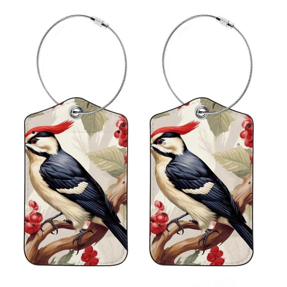 Woodpecker Luggage Tag, Travel Tags, Handbag Tag - Square PU Leather 2 Pack with Privacy Cover and Stainless Steel Ring - Suitable for Travel, Backpack, Handbag [Amazon Approved]