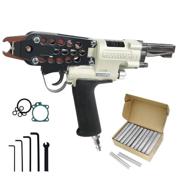 Woodpecker Pneumatic Hog Ring Stapler with 2 Box 304SS Staplers 15GA 3/4'' Crown,4.8mm Closure Diameter for Fencing,Mattress ans Cages Air C Ring Plier Tool