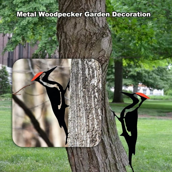 Woodpecker Silhouette Tree Ornament, Metal Bird Patio Art Decoration, Weatherproof Outdoor Garden Statue, Patio, Lawn, Backyard Bird Decoration, Black, 5.51*9.84 Inches.