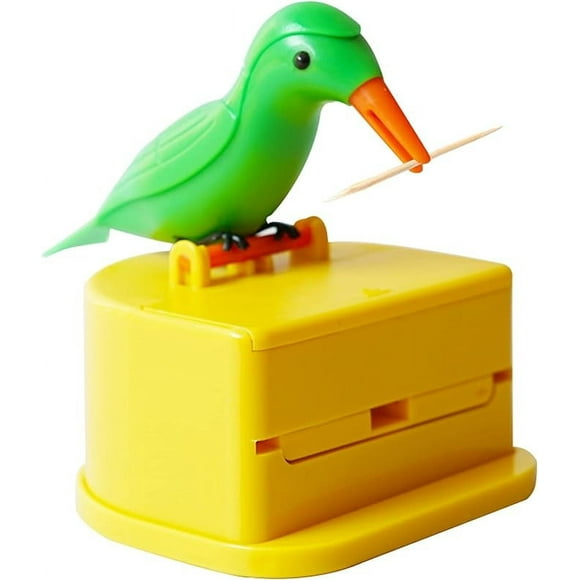 Woodpecker Toothpick Dispenser Little Bird Push-type Automatic Toothpick Holder with a Toothpick Box Portable Plastic Kitchen Decoration 1PCS (Yellow & Green)