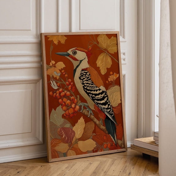 Woodpecker Wall Art Autumn Bird Rustic Botanical Wall Decor Burnt Orange Nature Art Fall Woodland Decor, Unframed Poster