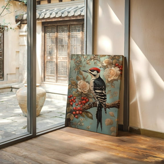 Woodpecker Wall Art – Vintage Nature-Inspired Bird Painting With Roses, Berries, And Rustic Charm Wall Art, Modern Wall Decor, 8x12 UNFRAMED