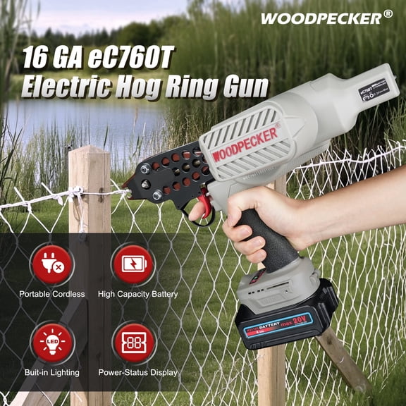 Woodpecker eC760T 16 Guage Electric Hog Ring Gun, 1/2" Li-ion C Ring Tool with 12.5mm crown and 3.0-4.8mm closure. Ideal for cages, fencing, traps and landscaping
