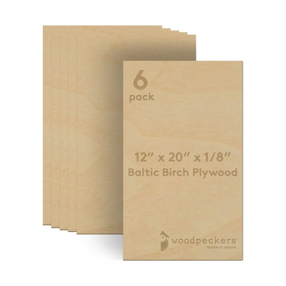 Woodpeckers Baltic Birch Plywood, 3 mm 1/8 x 12 x 20 Inch Craft Wood, Pack of 6 B/BB Grade Baltic Birch Sheets, Perfect for Laser, CNC Cutting and Wood Burning