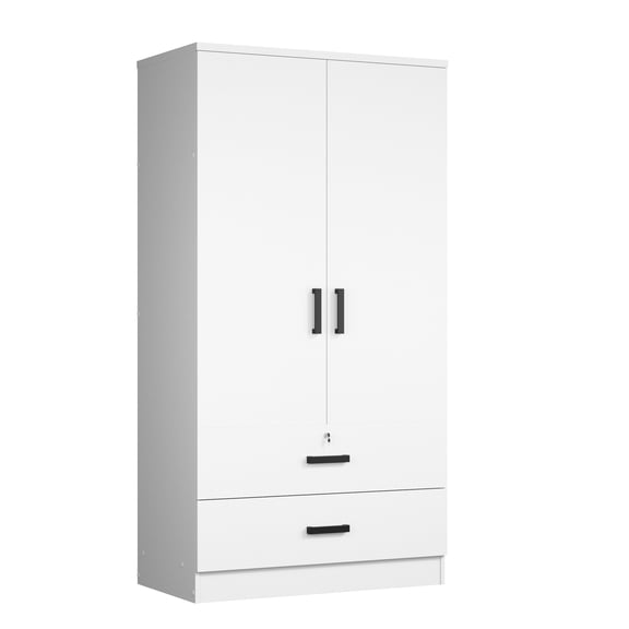 Woodpeckers Furniture and Mattress 2-Door Wood Closet with 2 Drawers - Wardrobe Armoire for Bedroom Storage-Color:White