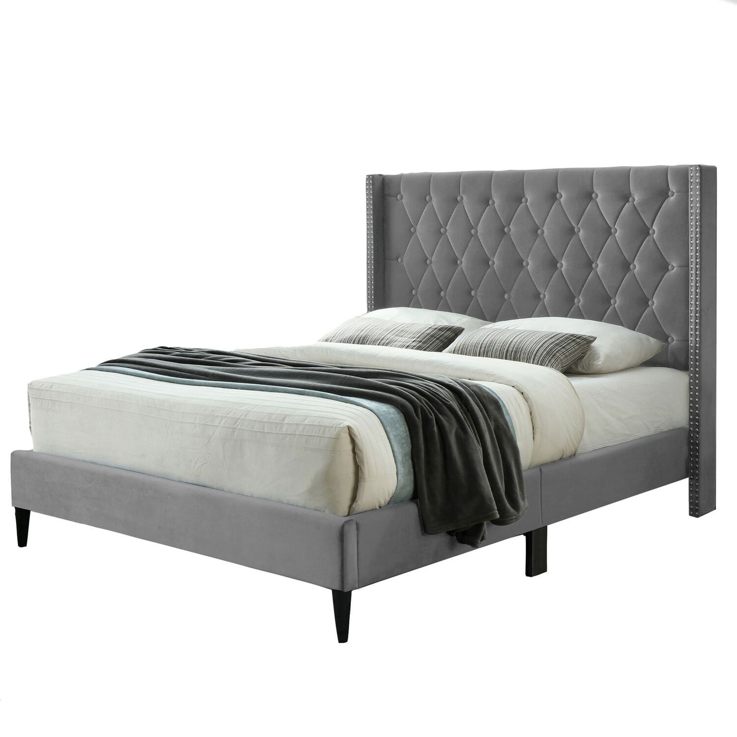 Woodpeckers Furniture And Mattress Amelia Collection Velvet Tufted Platform Bed (Grey, Queen (U.S. Standard))