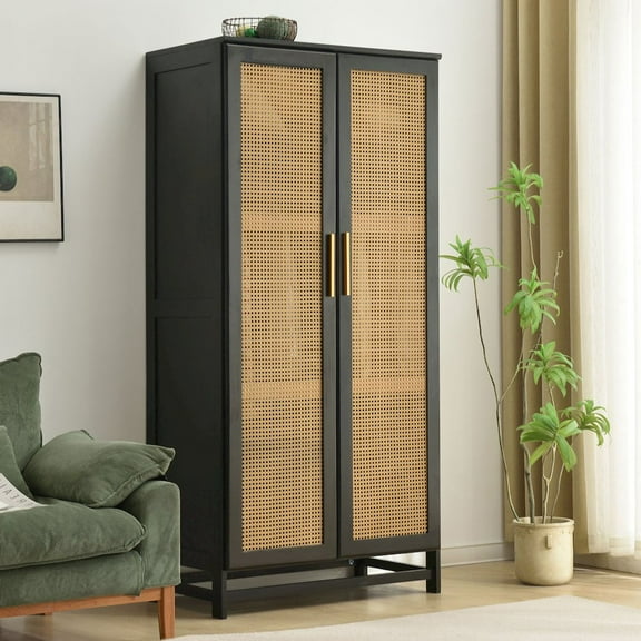 Woodpeckers Furniture And Mattress Solid Wood Armoire with Rattan Doors (Black)