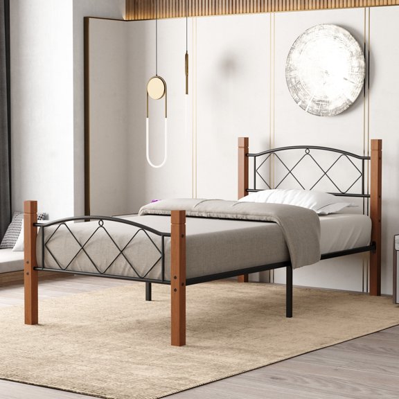 Woodpeckers Furniture and Mattress Twin Metal Bed Frame - Solid Wood Posts & Sturdy Frame - Easy Assembly-Color:Brown