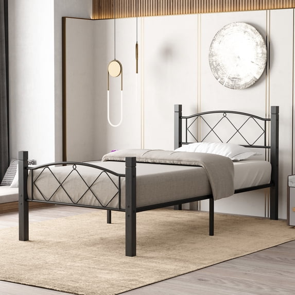 Woodpeckers Furniture and Mattress Twin Metal Bed Frame - Solid Wood Posts & Sturdy Frame - Easy Assembly-Color:Gray