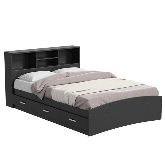 Woodpeckers Furniture and Mattress Bed with 3 Drawers and Bookcase Headboard (Black, Full)