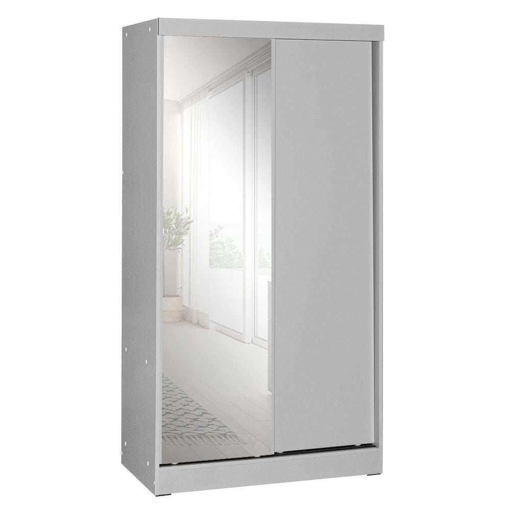 Transitional Light Gray Double Sliding Door Wardrobe with Mirror