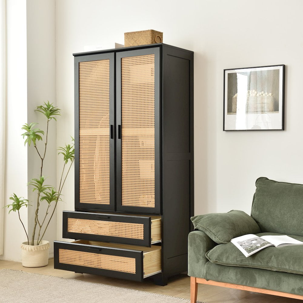 Black Pine Wood Closet with Rattan Doors and Drawers