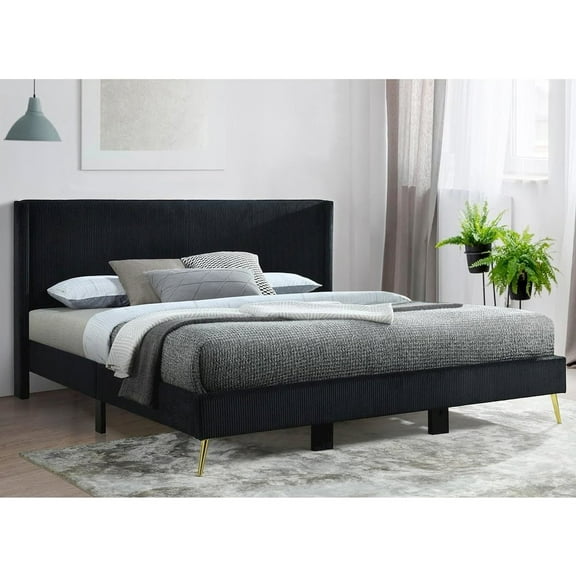 Woodpeckers Furniture and Mattress Solid Wood Platform Bed with Corduroy Upholstery and Gold Metal Legs