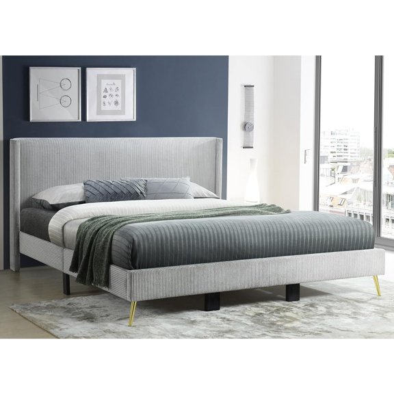 Woodpeckers Furniture and Mattress Solid Wood Platform Bed - King Corduroy Upholstered Bed with Metal Legs - Elegant Bedroom Furniture-Color:Gray