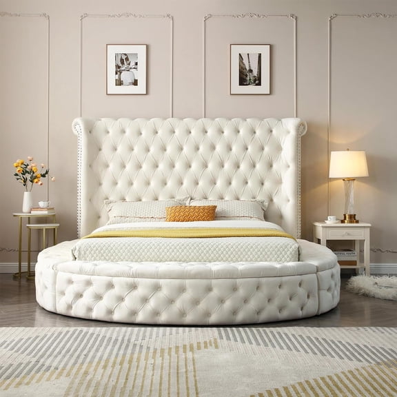 Upholstered Queen Round Storage Bed in Cream Color