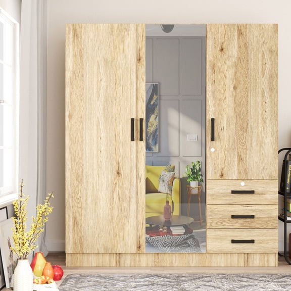 Woodpeckers Furniture and Mattress Violet Wardrobe Mirrored Door Closet 3 Doors and 3 Drawers (Natural Oak)