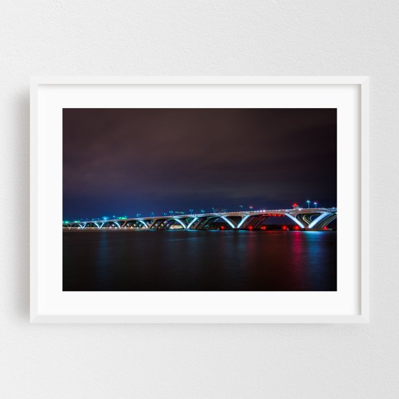 The Woodrow Wilson Bridge - Alexandria Virginia Photography Bridge Night Sky Architecture Nightlife Cityscape Scenic Water White Framed Wall Art Print 5 x 7 inches