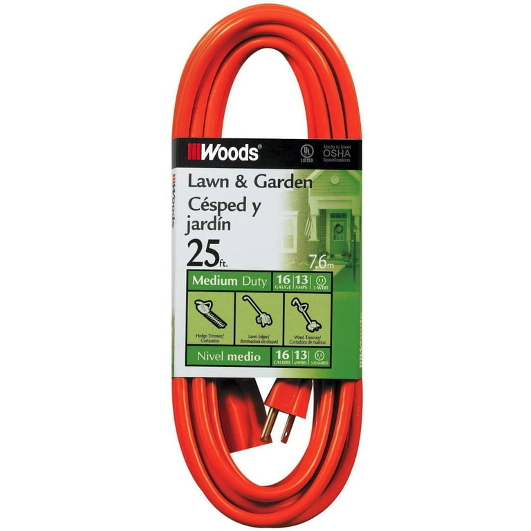 Woods 0267 16/3 Vinyl Outdoor Heavy Duty Extension Cord, Waterproof Flexible Vinyl Jacket, 3- Pronged, 25-Foot Extension Cord, 13 AMP, 1625 Woods 0267 16/3 Vinyl Outdoor Heavy Duty Extension Cord, Waterproof Flexible Vinyl Jacket, 3- Pronged, 25-Foot Extension Cord, 13 AMP, 1625
