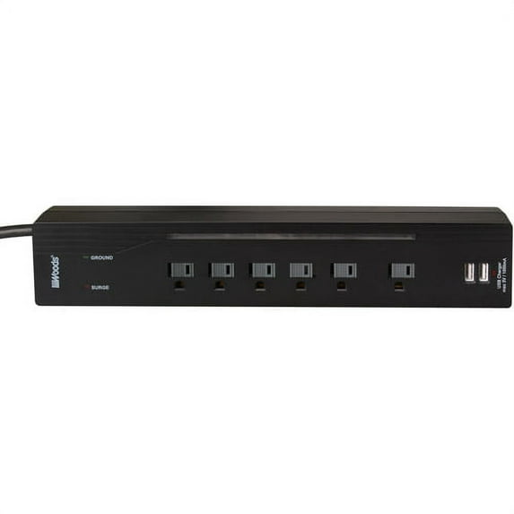 Woods 041500 4’ Cord Black Electronics 6-Outlet 1500-Joule Surge Protector with 2-USB Charging Ports