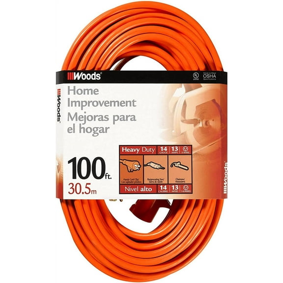 Woods 0627 14/3 Outdoor SJTW Vinyl Extension Cord, 100-Foot, Orange