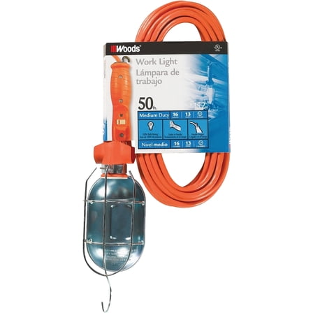 Woods 0692 16/3-Gauge SJTW Trouble Light with Metal Guard & Outlet, Orange, 75-Watt, 50-Foot