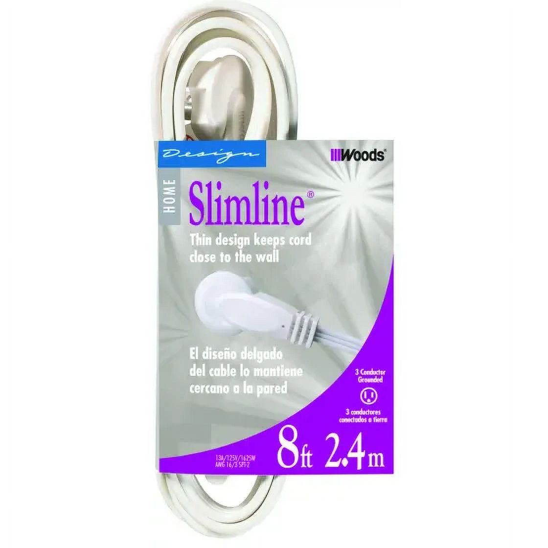 Woods 2241 Slimline 8 Foot Indoor Extension Cord Thin Plug, Each