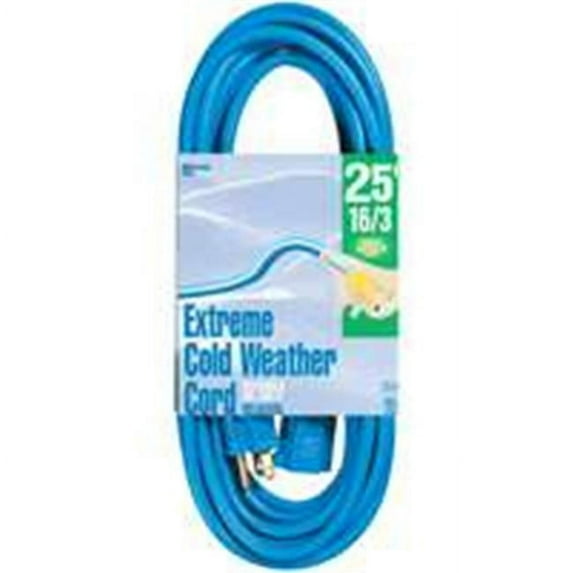 Woods 2434 16/3 Outdoor Cold-Flexible SJTW Extension Cord, Blue with Lighted End, 25-Foot
