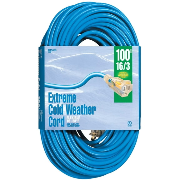 Woods 2436 Extension Cord, 16 AWG, Bright Blue Jacket, 100 ft L